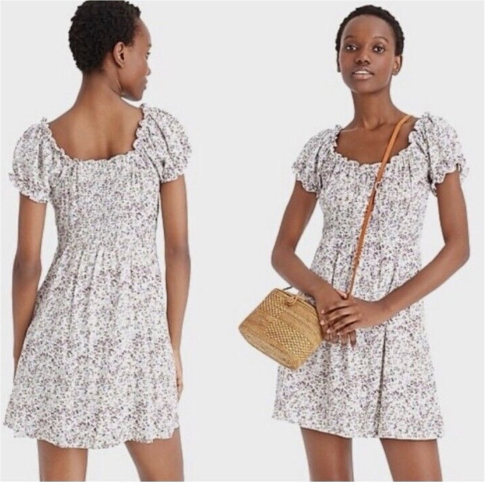 J. Crew Puff Sleeve Floral Print Mini Peasant Casual Dress White Purple Size 6